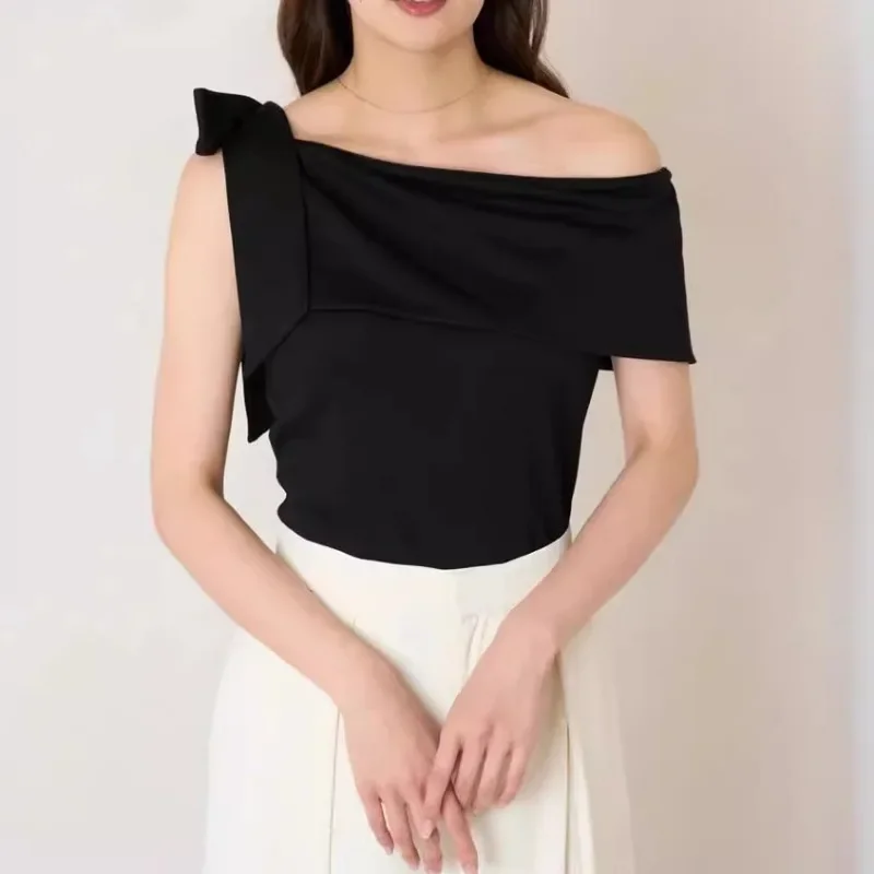 Женская рубашка с открытыми плечами необычная блузка бантом и