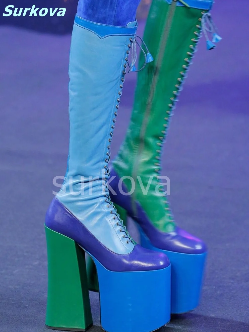 

Mixed Colors High Platform Boots Round Toe Chunky High Heels Cross Strap Knee High Boots Fashion Sexy Luxury Women Catwalk Shoes