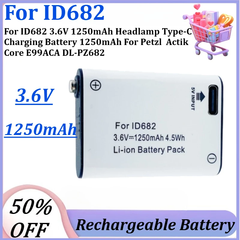 Фото Новая аккумуляторная батарея 3.6V 1250mAh с зарядкой Type-C для налобного фонаря ID682, 1250mAh для Petzl Actik Core E99ACA DL-PZ682 №1