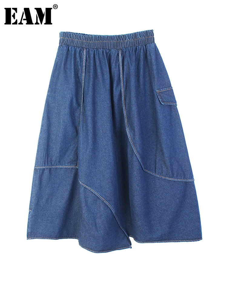 

[EAM] темно-синяя джинсовая Асимметричная юбка трапециевидной формы с высокой эластичной талией, женская модная юбка, новинка, весна-осень 2023,...
