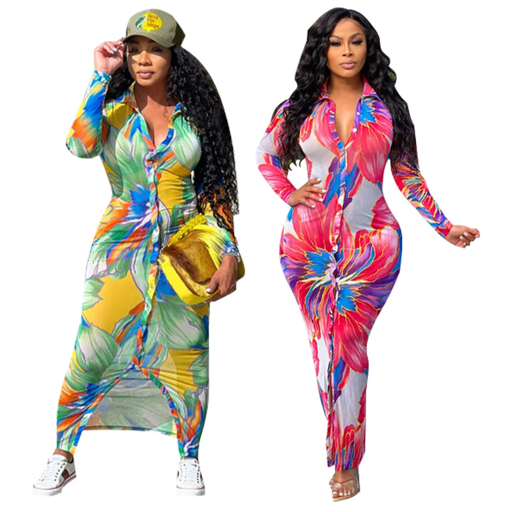 

SKMY Women Clothing Autumn 2022 New Single Breasted V-Neck Long Sleeve Bodycon Dress Slim Fashion Print Dress Party Clubwear