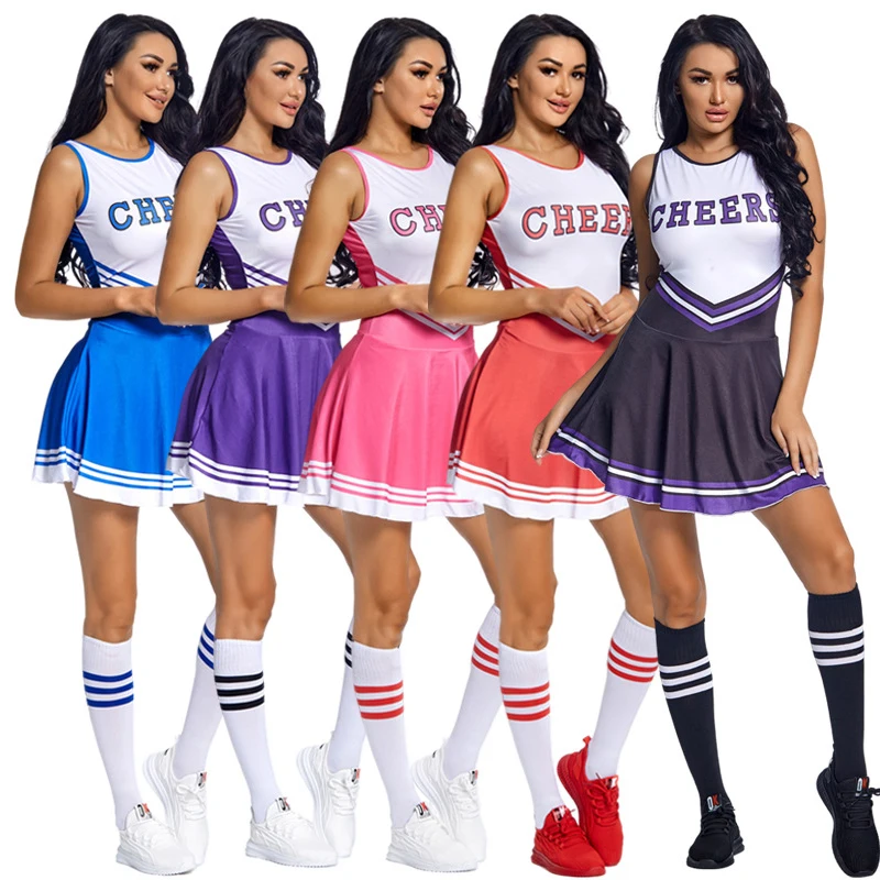 

NEW Cheerleader High School Costume Competition Dance Uniform Pompoms Sock Cosplay Fancy Party Dress Carnival Halloween