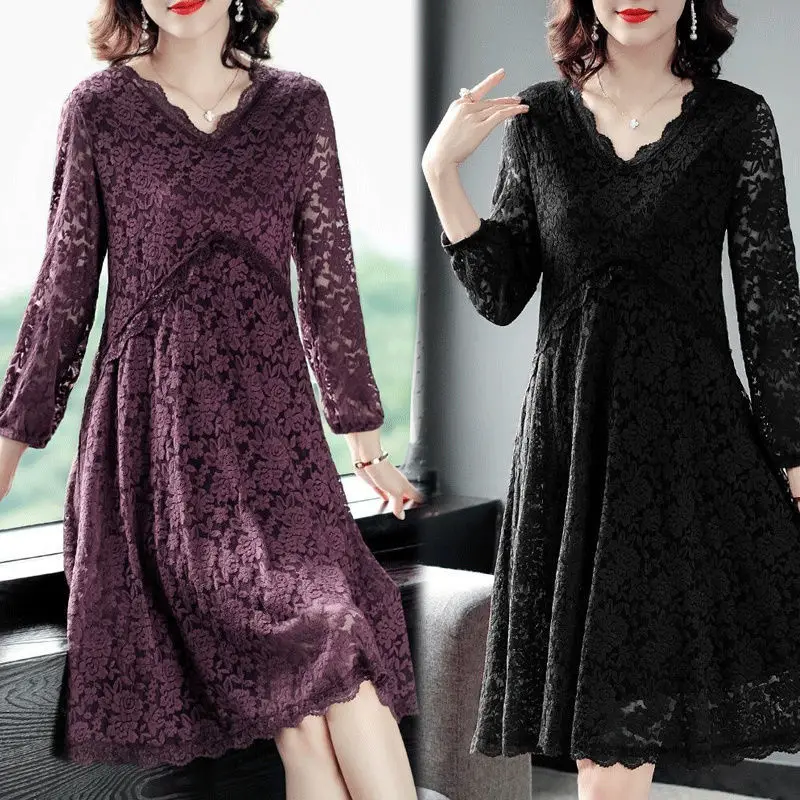 

Dresses for Women 2023 V-Neck Hollow Lace Party Dress Long Sleeve Dress Spring Autumn Vestido Invierno Mujer 5XL E30