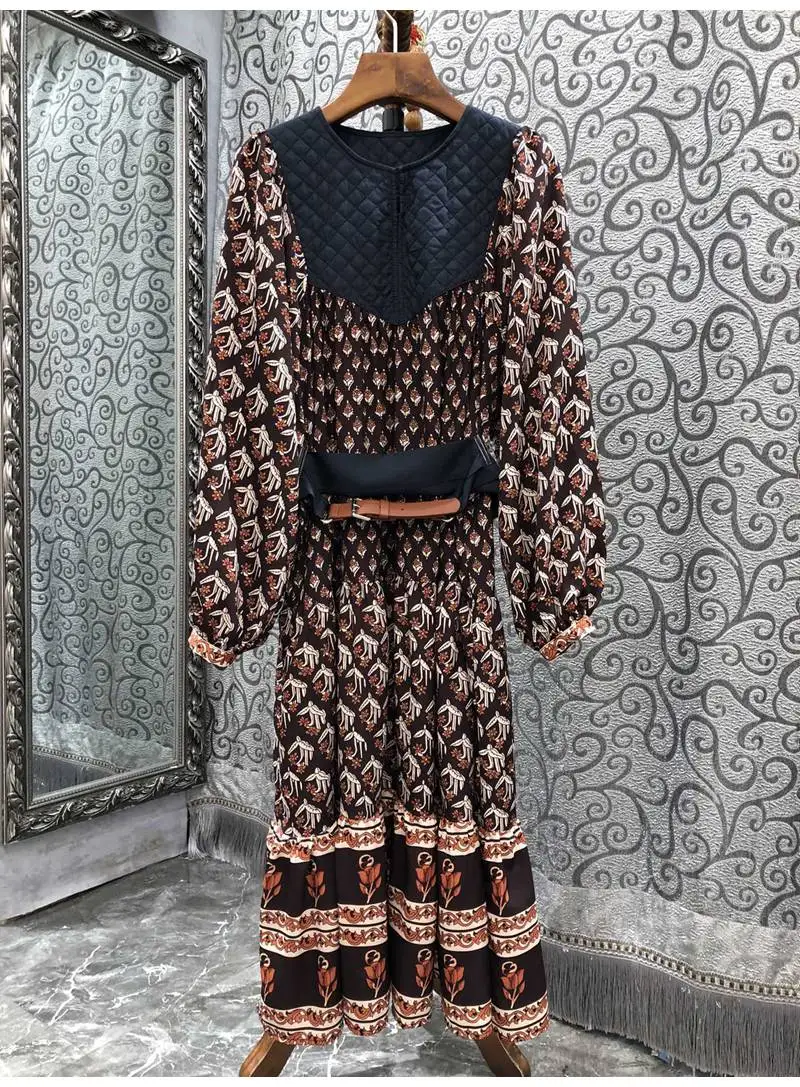 

Vintage Retro Dress 2022 Autumn Winter Style Women Exquisite Prints Cotton Color Block Belt Deco Long Sleeve Mid-Calf Dress