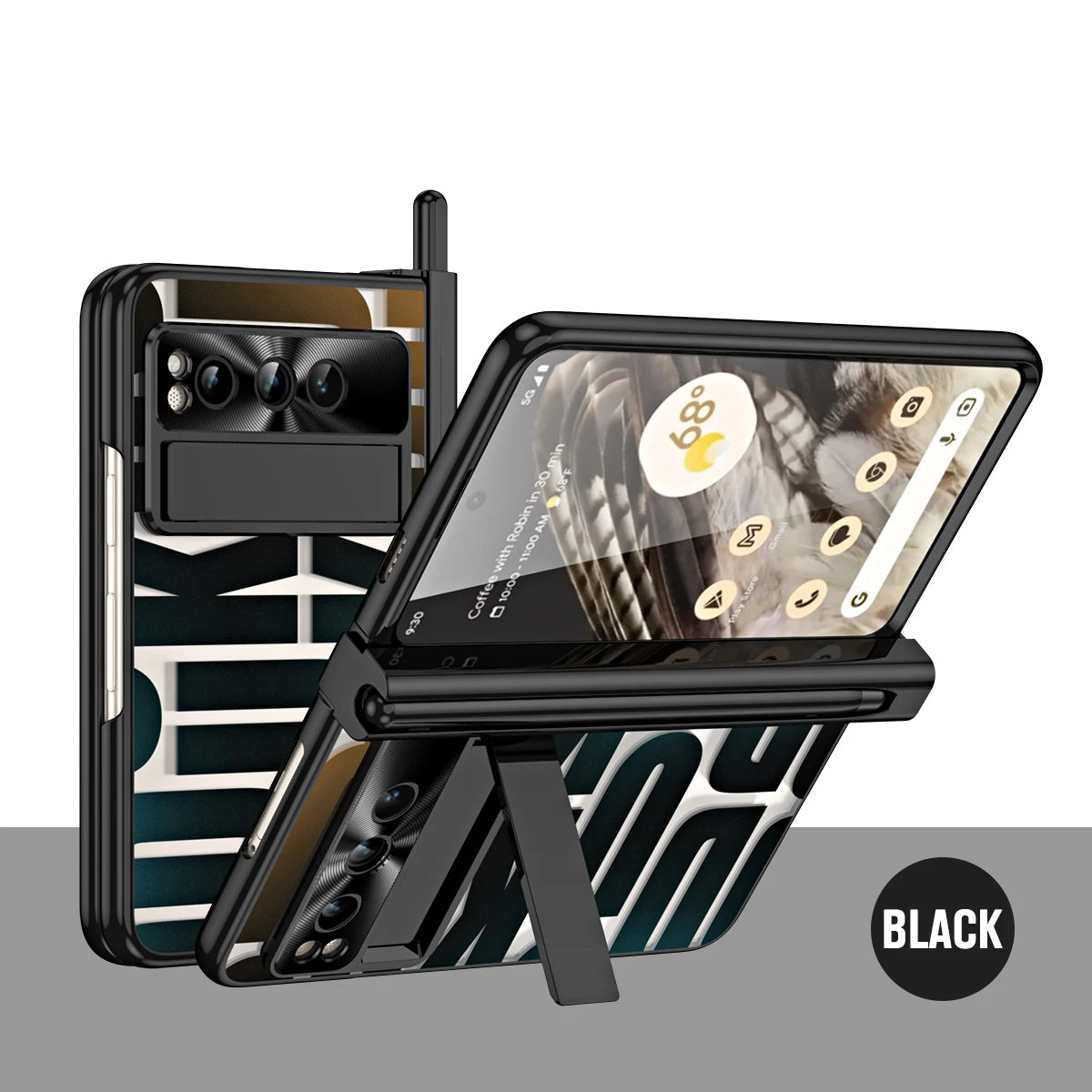 Plating Hinge Case For Google Pixel Fold with Pen Holder Fashion Pictorial Full Protector Transparent Acrylic Kickstand Cover