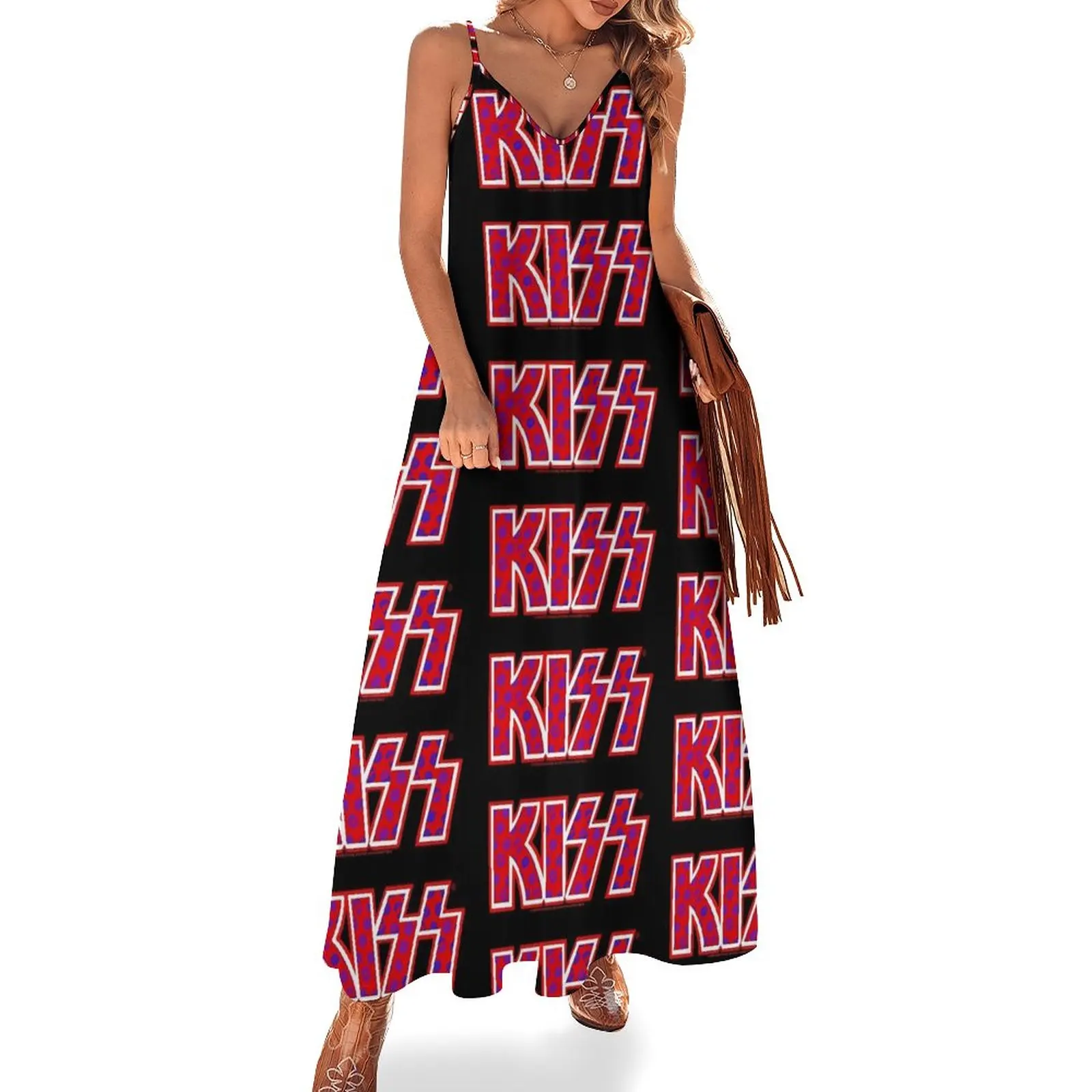 

Kiss Band Dress Red Lips Logo Street Style V Neck Casual Long Dresses Woman Graphic Vintage Maxi Dress Large Size 5XL