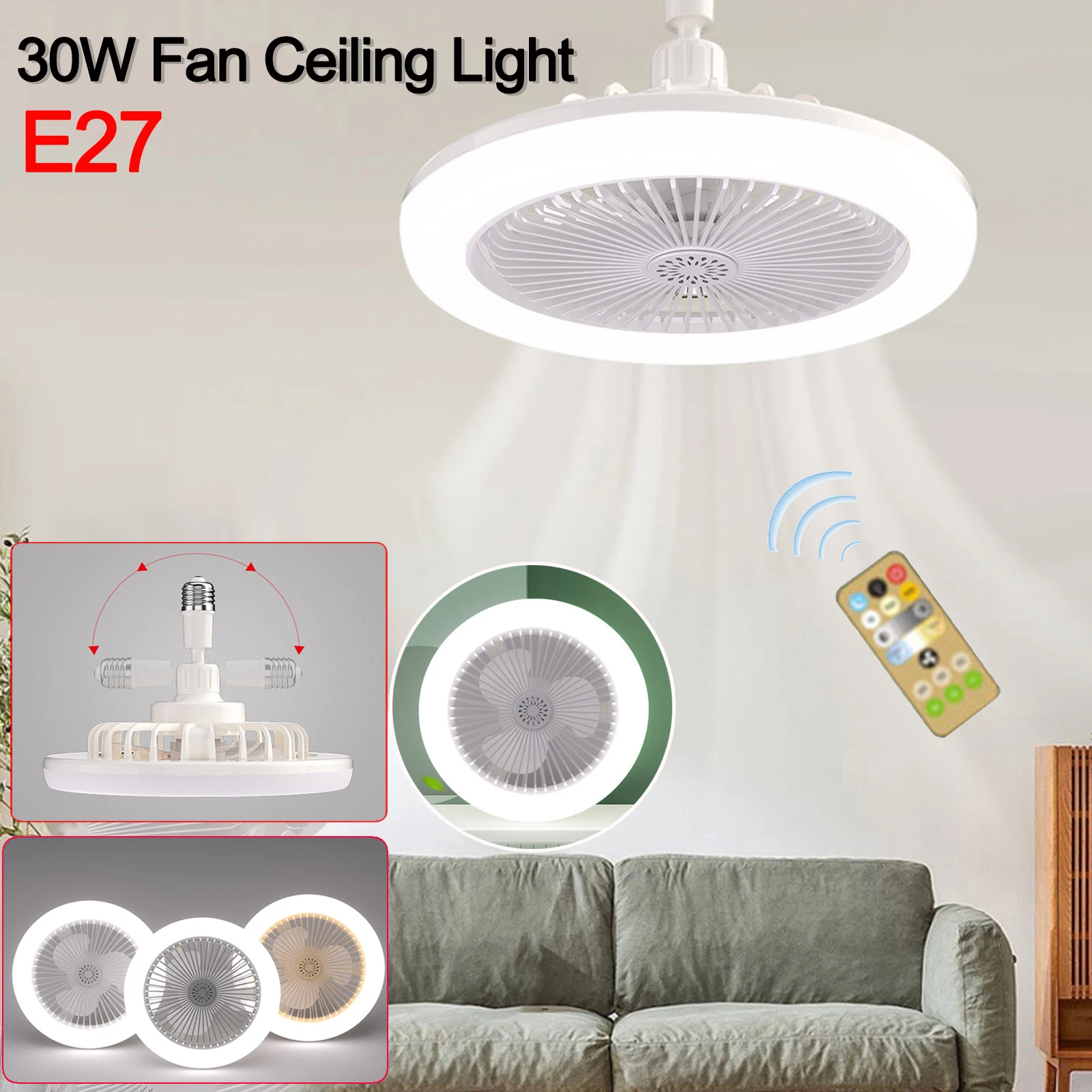 

Ceiling Fan with Lighting Lamp E27 Converter Base with Remote Control Ceiling Fan Lamp for Bedroom Living Home Silent 3 Speeds