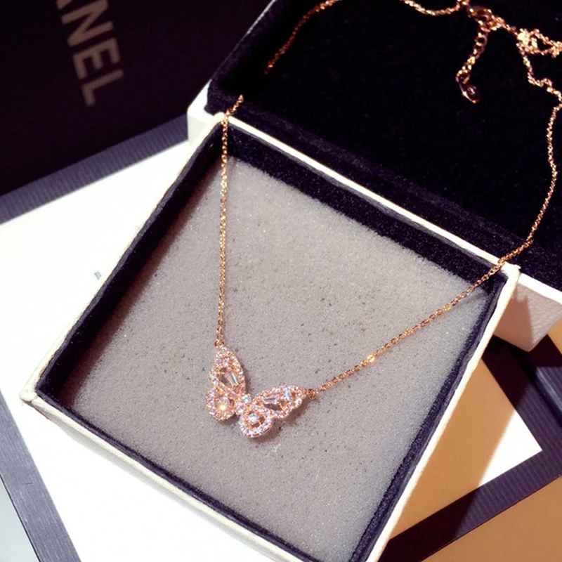 

Ins Hot Sale New Arrive Zirconia Butterfly Necklace Charm Bling CZ Rose Gold color Butterfly Jewelry Pendant for Women Girl