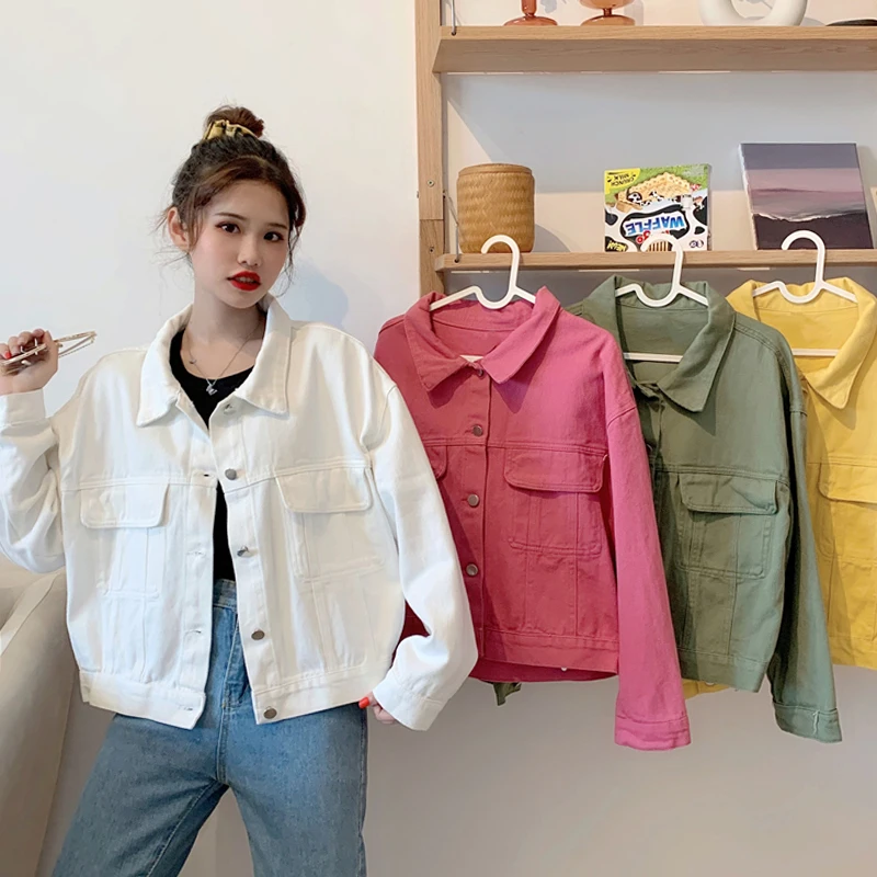 

Autumn Winter New White Denim Jackets for Women Korean Loose Long-sleeved Women Top Fashion Solid Single Breasted Coat Women