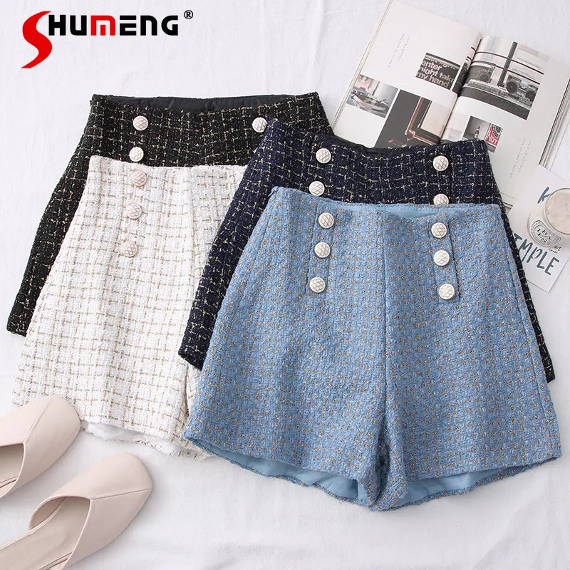 

2023 Spring New Fashion Versatile Tweed High Waist Slimming Plaid Double Breasted Shorts Wide Leg Short Pants for Women