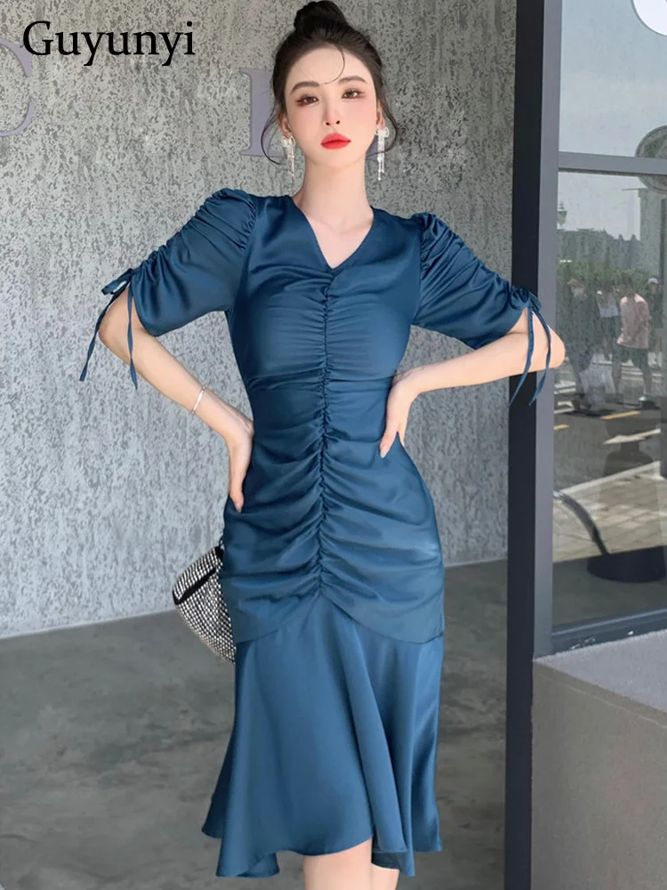 

High End Elegant Party Dress 2022 Summer Solid Color V-Neck Single Folds Short Sleeve Draw String Temperament Women's Dresses