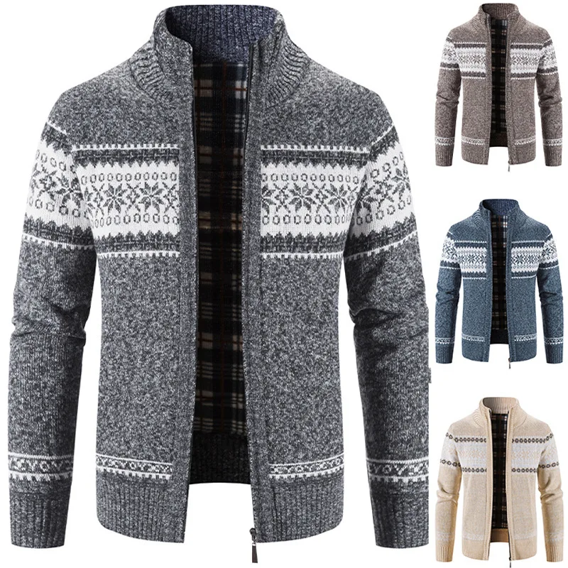 

Casual Men's Loose Sweater Autumn and Winter Coat Stand Collar Color Matching Printed Cardigan