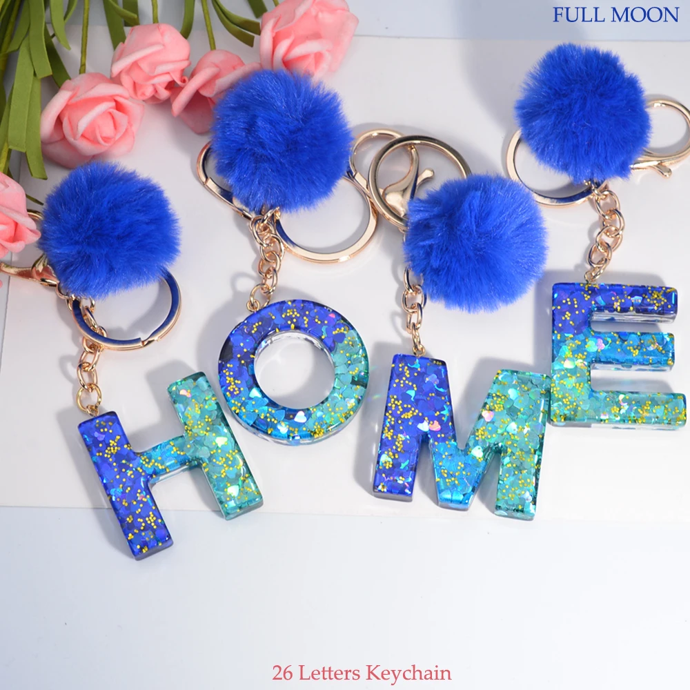 

A-Z Sequin Filled Resin Initials Keychain with Blue Pompom Pendant for Women Purse Bag Accessories Car Key Rings Jewelry Gifts