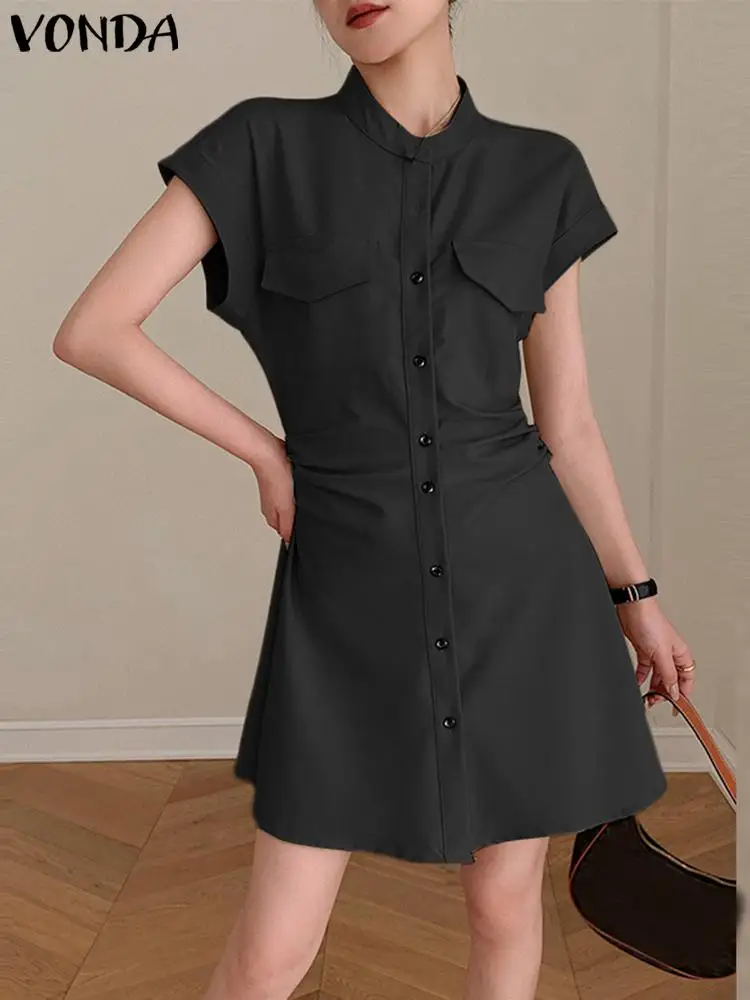 

VONDA Summer Sexy Mini Sundress Women Elegant Pleated Dress 2023 Short Sleeve Stand Collar Button Up Casual Solid Color Robe