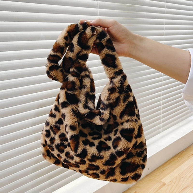 

Retro Leopard Print Bags For Women Soft Shoulder Bags Female Travel Bag Winter Warm Fluffy Totes