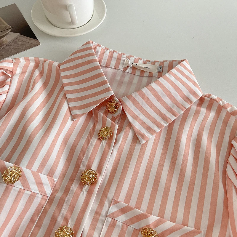 Блузка женская однобортная в полоску мягкая винтажная рубашка с отложным