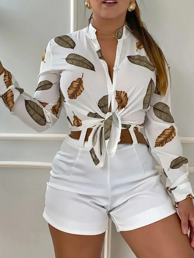 

Leaf Print Button Down Shirt Tops & Shorts Set Women Two Piece Set