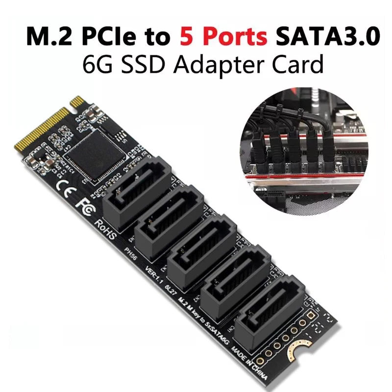 

Newest M.2 Key JMB585 For NVME Converter With SATAIII Cable M.2 (PCIe 3.0) To 5 Ports SATA III 6G SSD Adapter Card