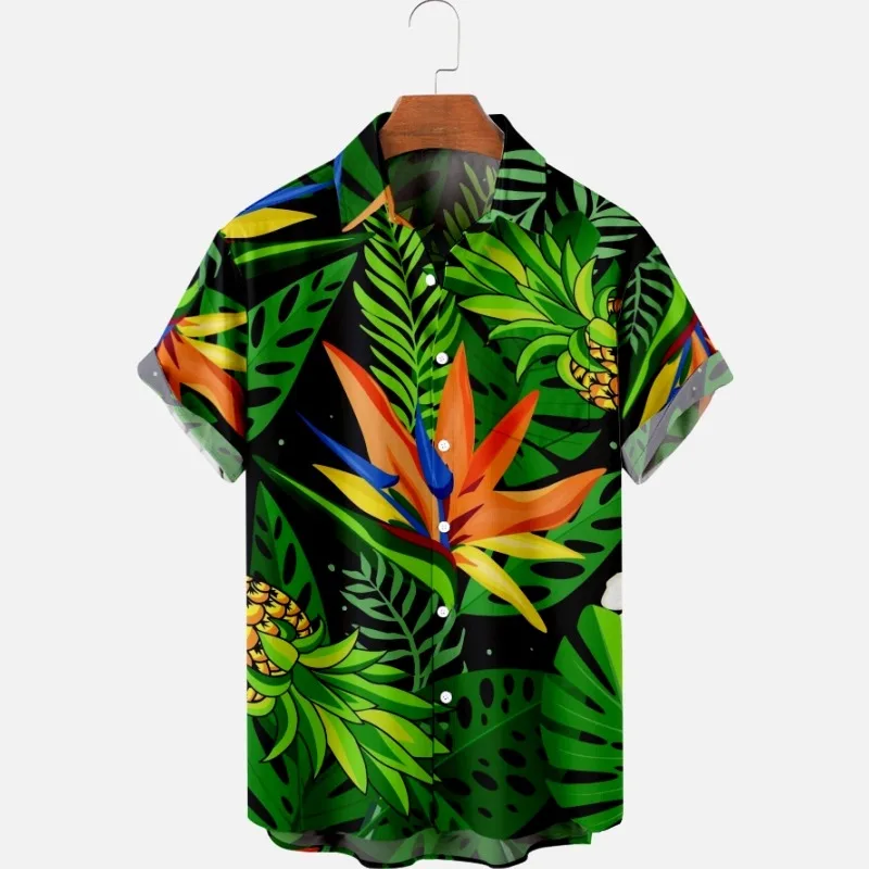 

2022 New Original Risk-Free Plant Green Leaf Wind 3D Printing Lapel Men's T-Shirt Top Hawaiian Beach Style