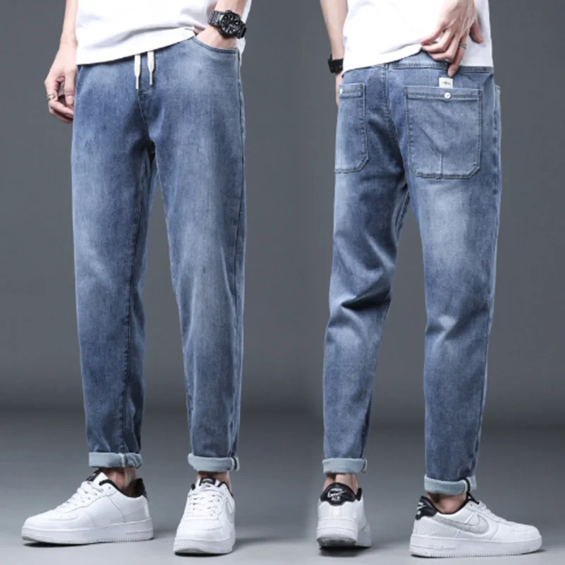 

Spring Thin Jeans Men's Elastic Small Straight Leg Casual Ninth Pants Outdoor Camping Walking Trekking College Style Trousers
