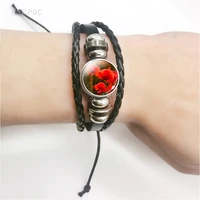 fashion flower accessories girl gift red poppy glass dome flower leather pendant black button bracelet jewelry for women