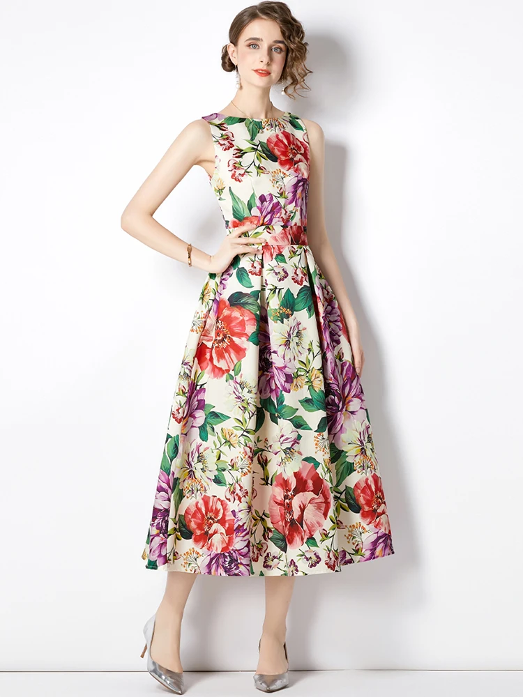 

Runway Flower Elegant Vest Dress Women High Quality Fashion O-Neck Summer Sleeveless Slim A-Line Party Midi Tank Vestidos