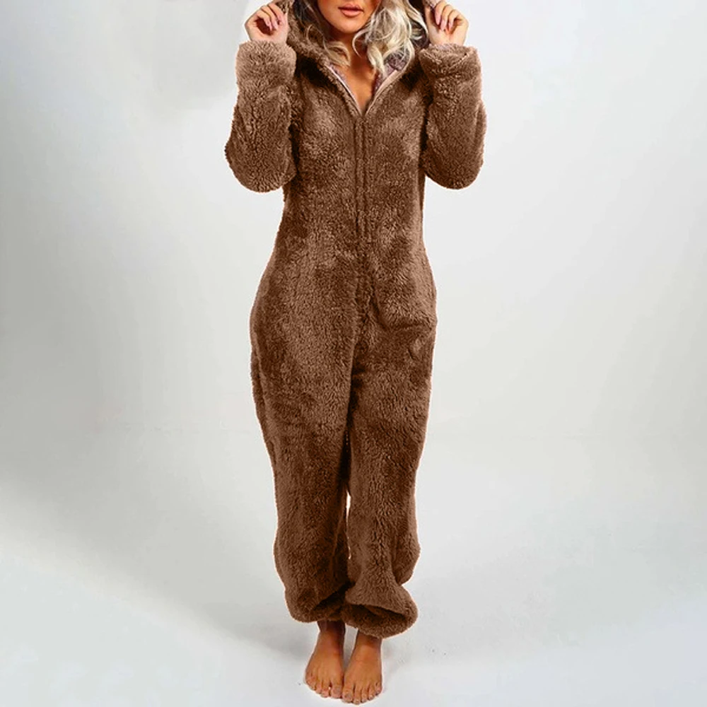 Womens Plush Hooded Jumpsuit Sherpa Fuzzy Pajamas Long Sleeve Cute Cat One Piece Onesie Winter Warm Rompers Sleepwear Set Girl