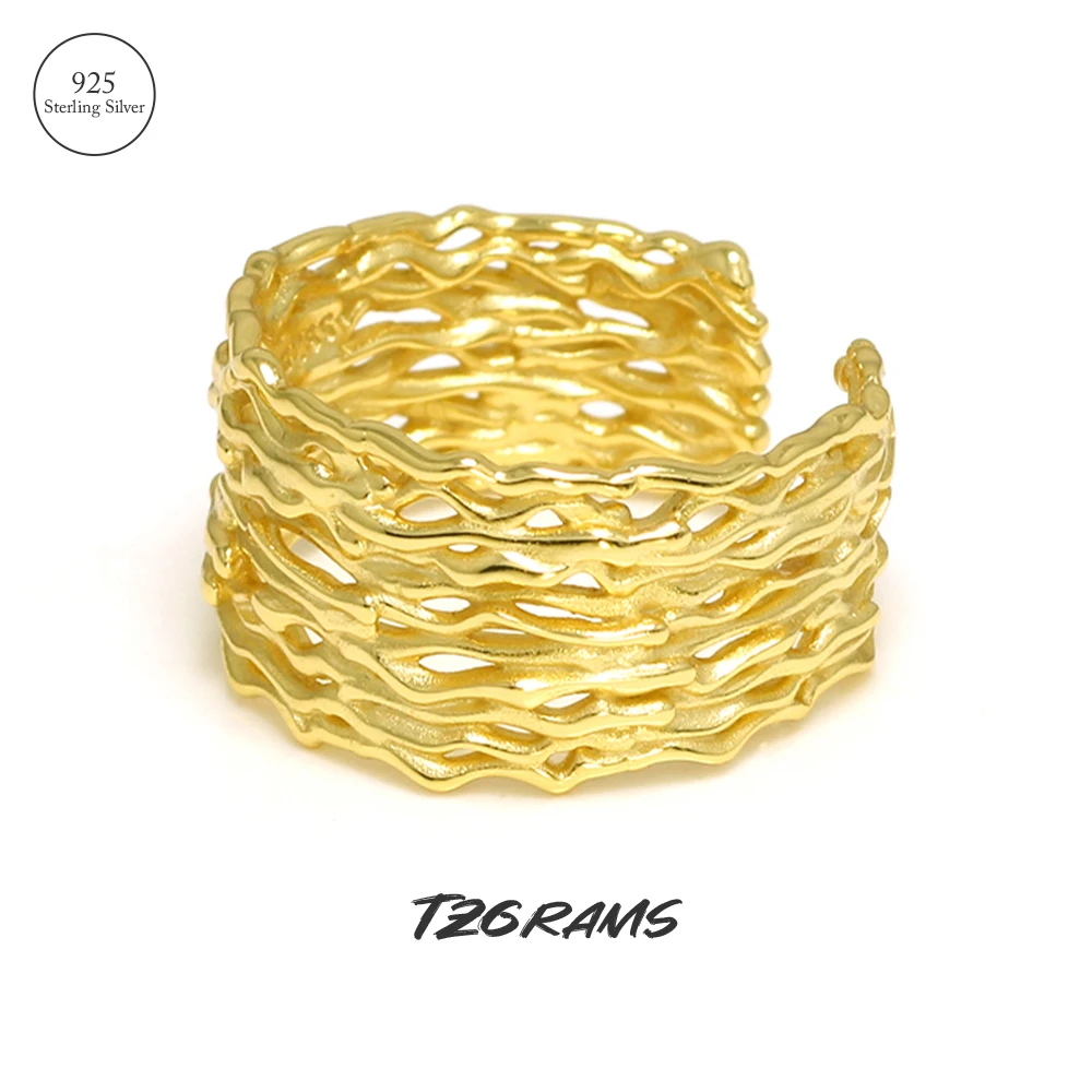 

S925 Sterling Silver Fashion Texture Minimalist Gold Plated Rings for Women Creative Fine Jewelry Gift