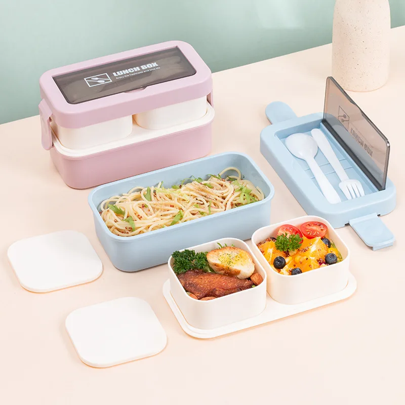 

2 Layers Grids Student Office Worker Microwave Outdoor Food Container Set with Spoon Fork Bento Tuppers Taper Bowl Lunch Box