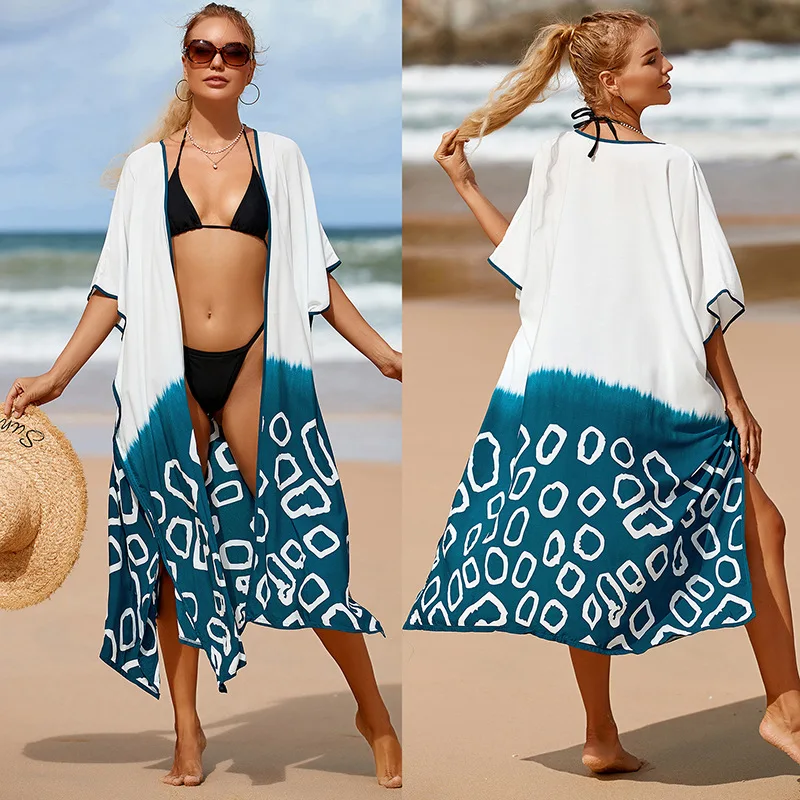 Summer Women's Rayon Seaside Vacation Sun Protection Dress Long Skirt Cardigan Beach Jacket Bikini Swimsuit Blouse