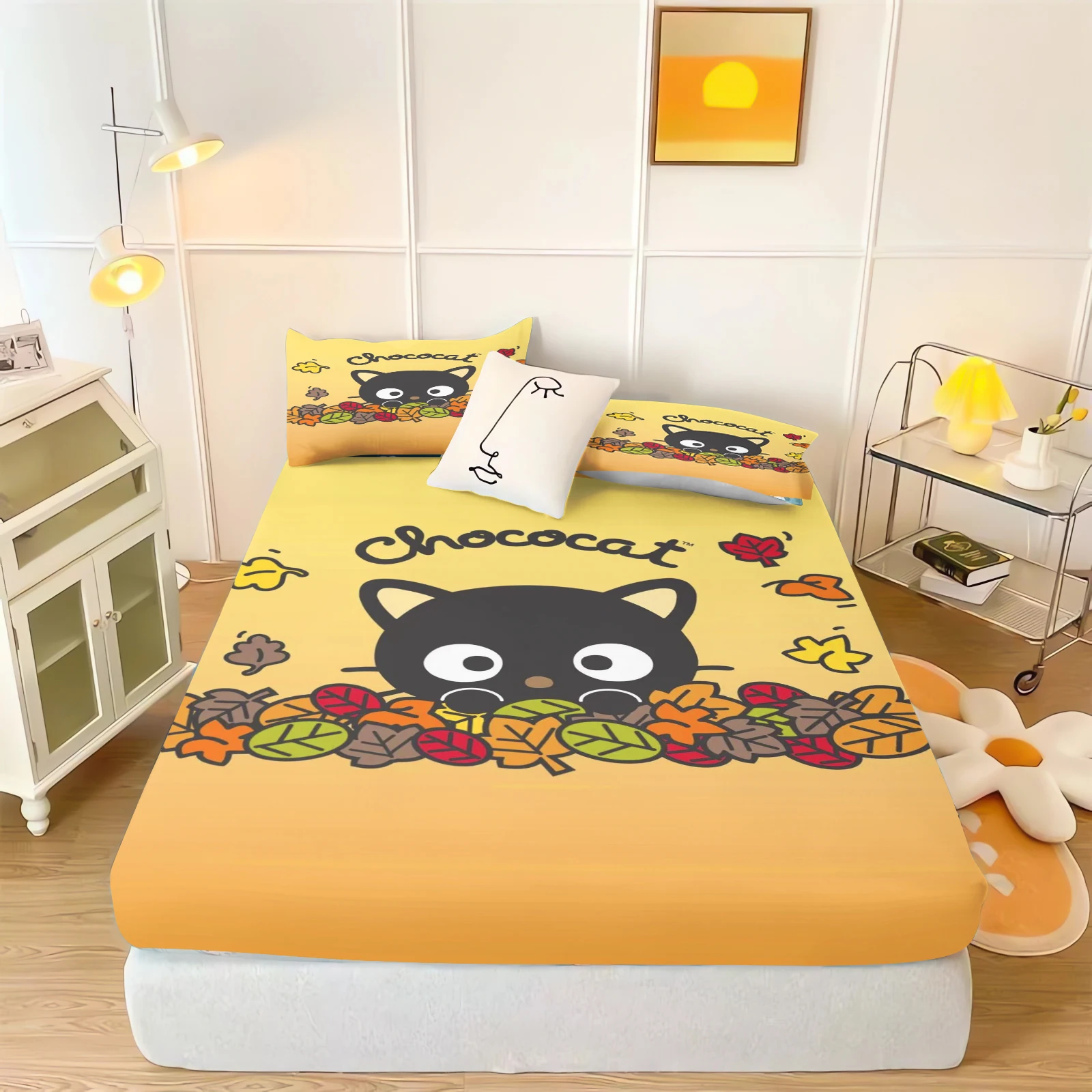 Фото MINISO простыня с рисунком кота CHOCOCAT, детская простыня, покрытие, эластичное постельное белье с цифровой печатью для подростков №3