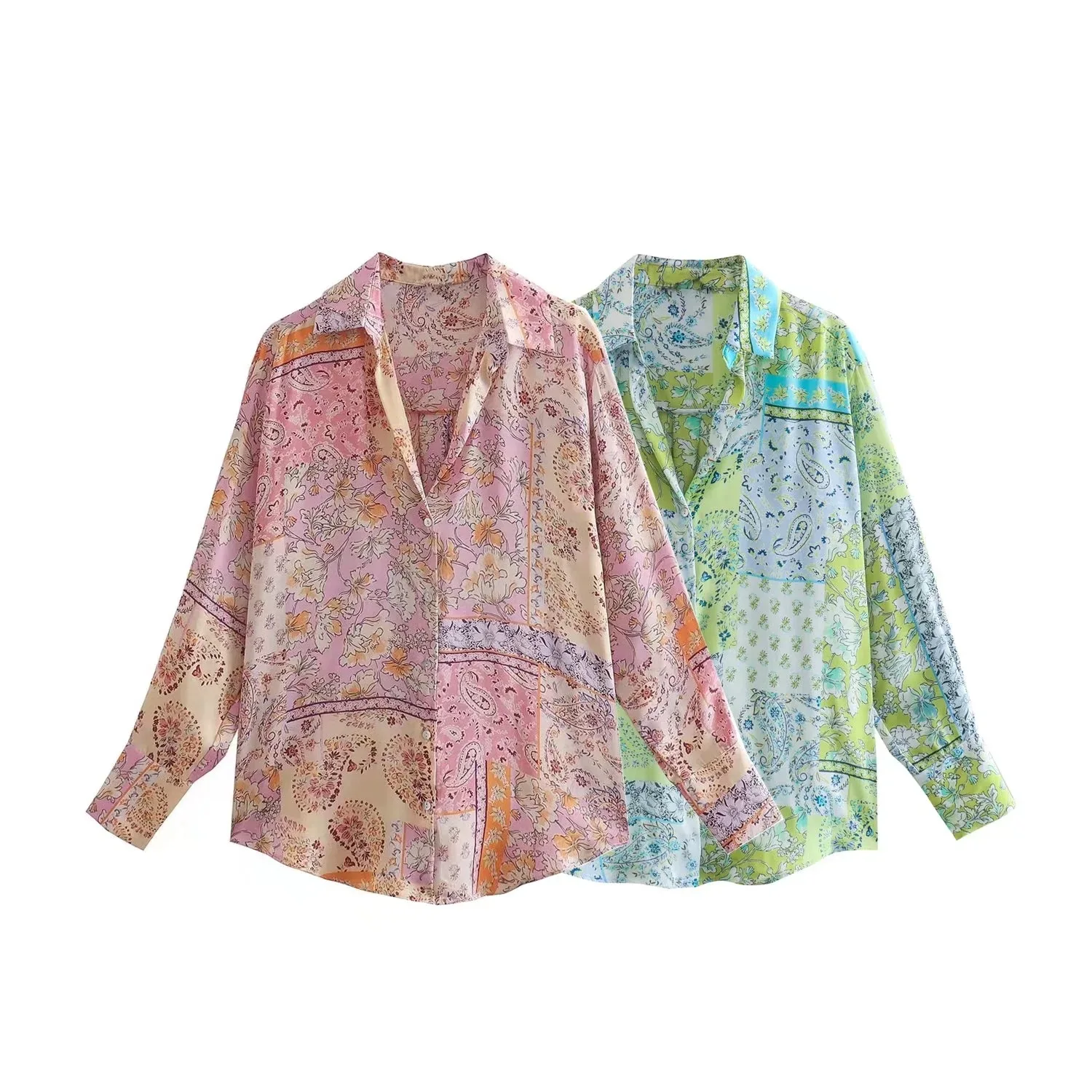 

2022 spring new women's long sleeve Lapel silk satin printed drape shirt