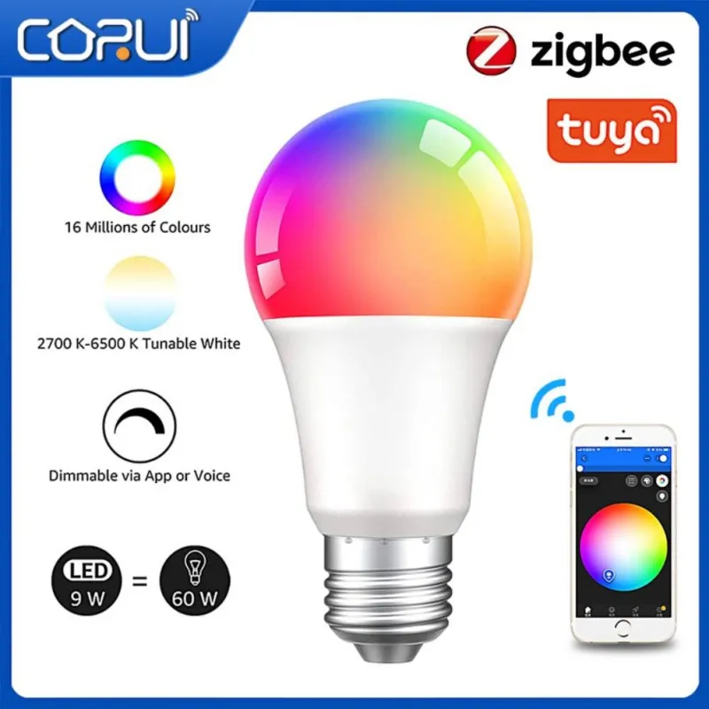 

CORUI Zigbee3.0 Smart Led E27 Bulb Tuya Bulb RGBCW 9W Color Changing Smart Light Bulb Smart Life APP Work With Alexa Google Home