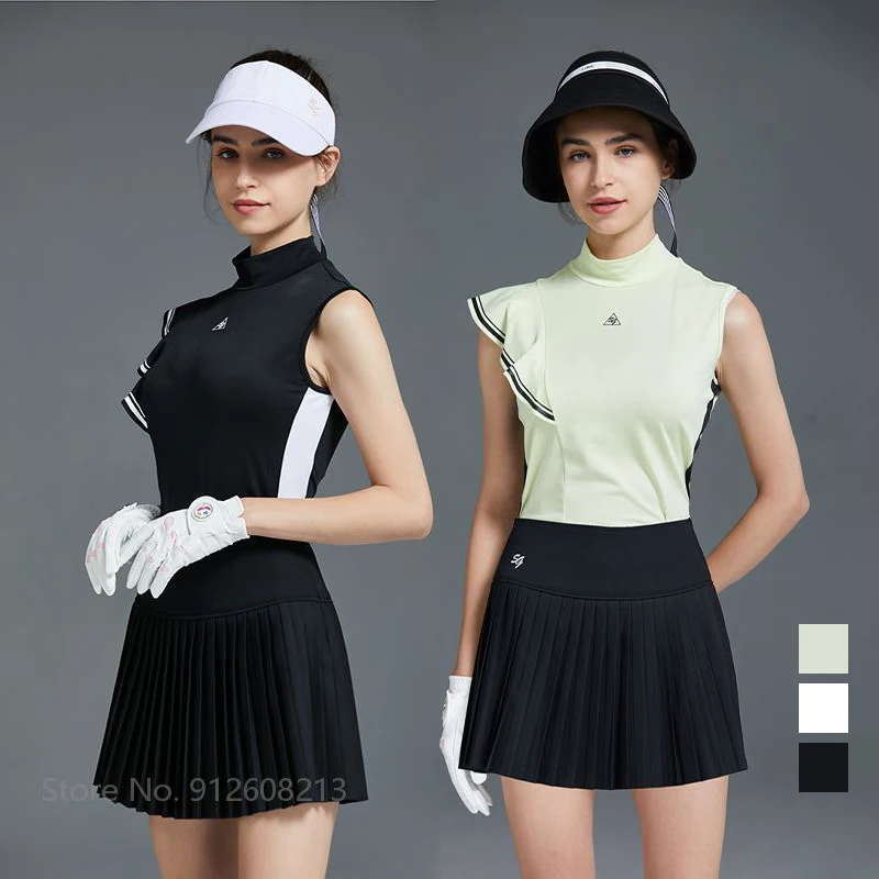 

Swan Love Golf Sportswear Ladies Sleeveless Slim Shirt Ruffle Sleeve Tank Tops High Waist Golf Pleated Skirt Women Clothing Suit