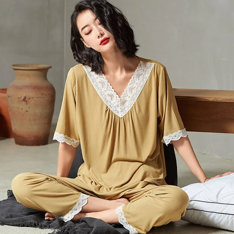 

Summer new soft rib V-neck women's pajamas elastic modal sweet lace multicolor home clothes short sleeved trousers two piece set