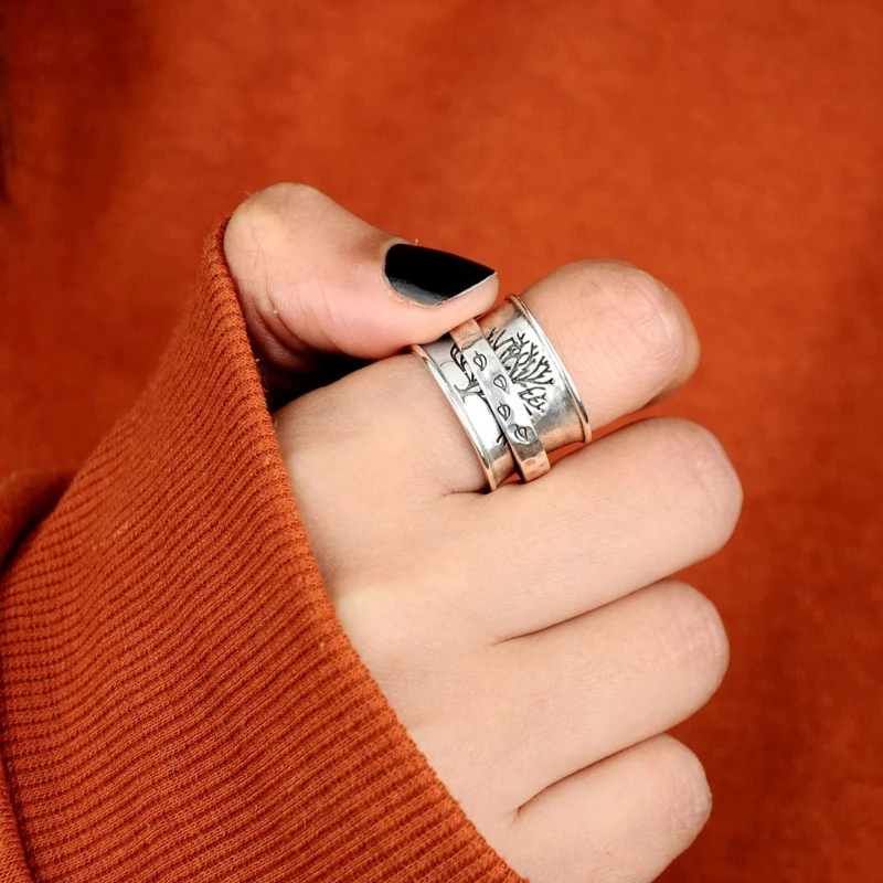 

Silver Retro Rings for Women Decompression Anxiety Relief Rings Creative Turnable Tree of Life Rings Trendy Jewelry
