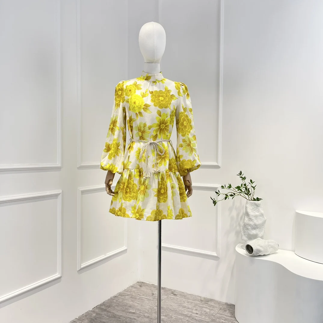 

New Women Holiday Outfit Top Quality 2023 Pure Linen Floral Print Yellow Long Sleeve Mini Dress with Self Tie Belt for Ladies