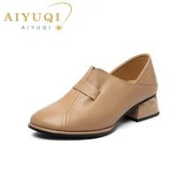 AIYUQI Women Spring Shoes Genuine Leather 2022 New Fashion Mid Heel Women Dress Shoes Casual Loafers Ladies