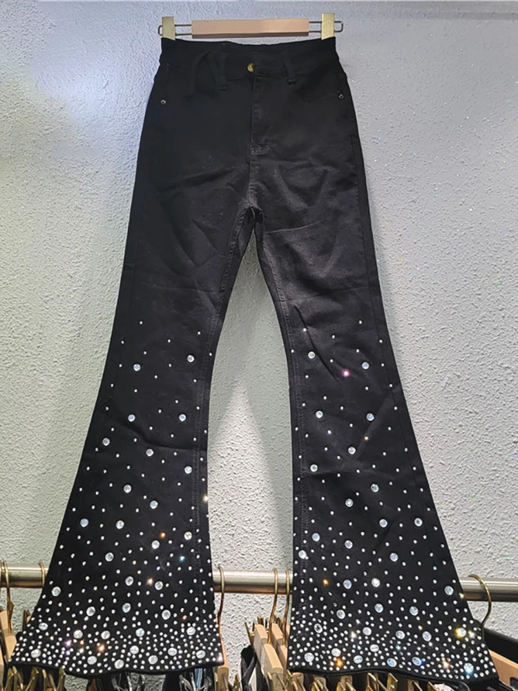 DEAT женские джинсы с высокой талией тонкие эластичные брюки-клеш со стразами