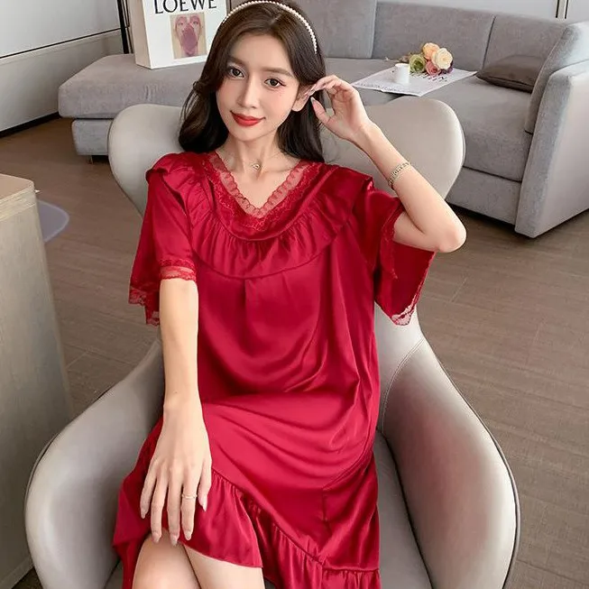 

Sleepdress Summer Palace Princess Style Nightgown Women Rayon Lovely With Lace O-Neck Nightwear Sexy Nightdress Loungewear