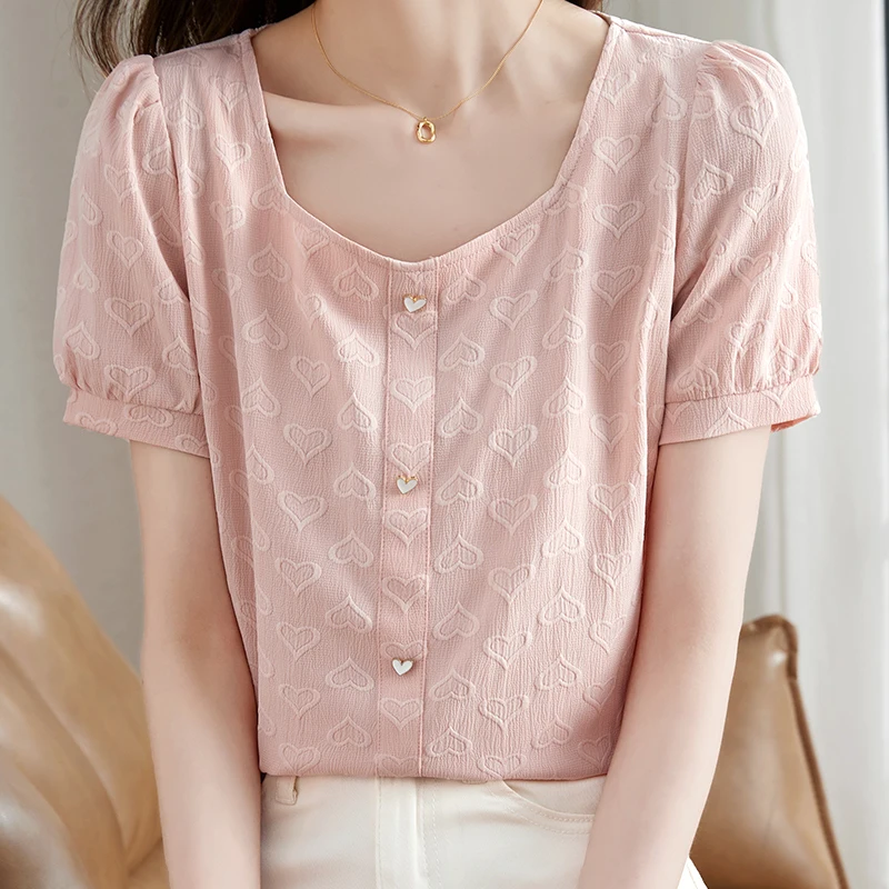 

Summer Women's Short Sleeve Square Neck French Bubble Sleeve Solid Sweet Casual Chiffon Shirt Blouse Women Womens Tops C947