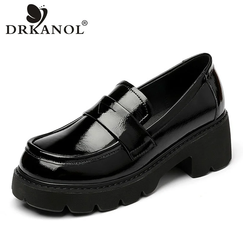 

DRKANOL Fashion Women Loafers Slip On Pumps Round Toe Genuine Leather Thick High Heel Platform Casual Shoes Big Size 41 42 43