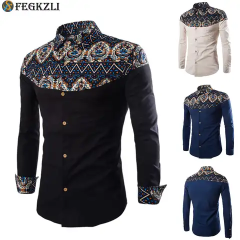 Мужские деловые рубашки FEGKZLI в африканском стиле с принтом, рубашки на пуговицах с воротником-стойкой, темно-синие хлопковые мужские топы с ...