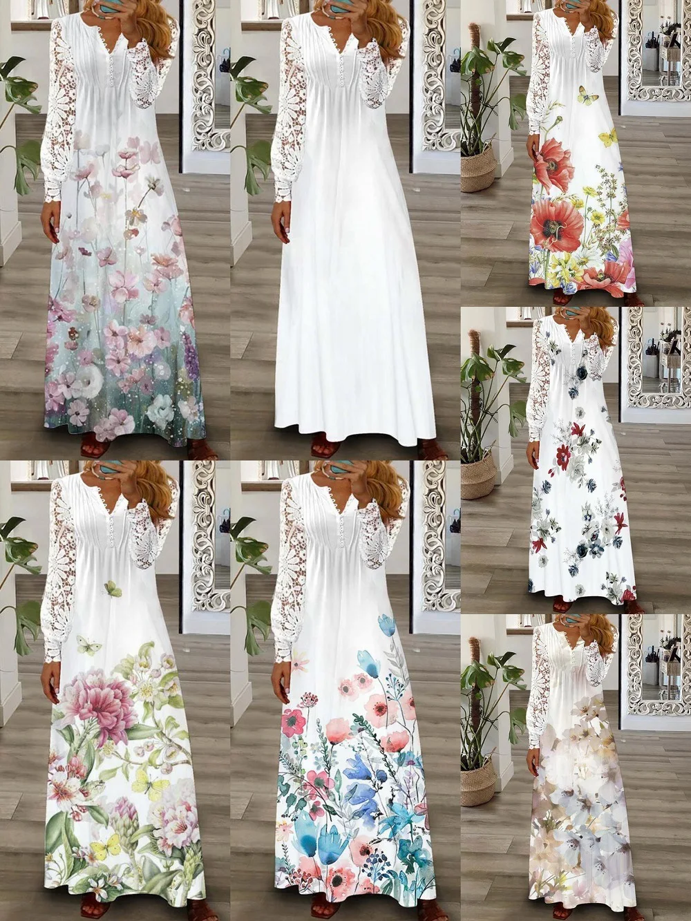 

Casual Dress Women's 2023 Everyday Versatile Elegant Flower Print V-Neck Sexy Splice Single Breasted Large Swing Wear Vestidos