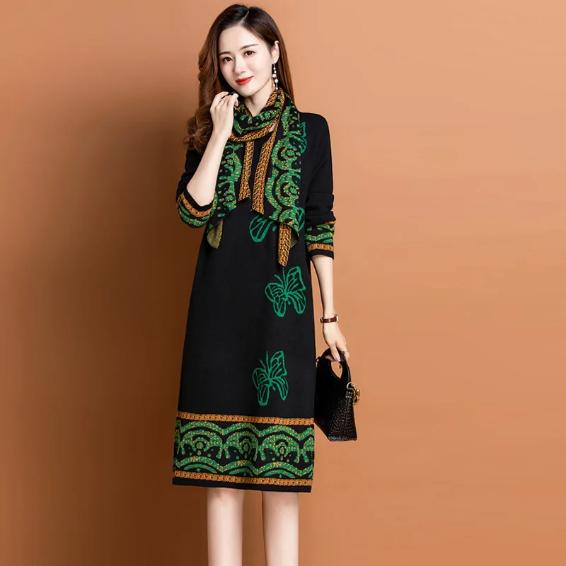 

Трикотажные платья, осенне-зимние платья, женские трикотажные платья средней длины с воротником-шарфом, dis5