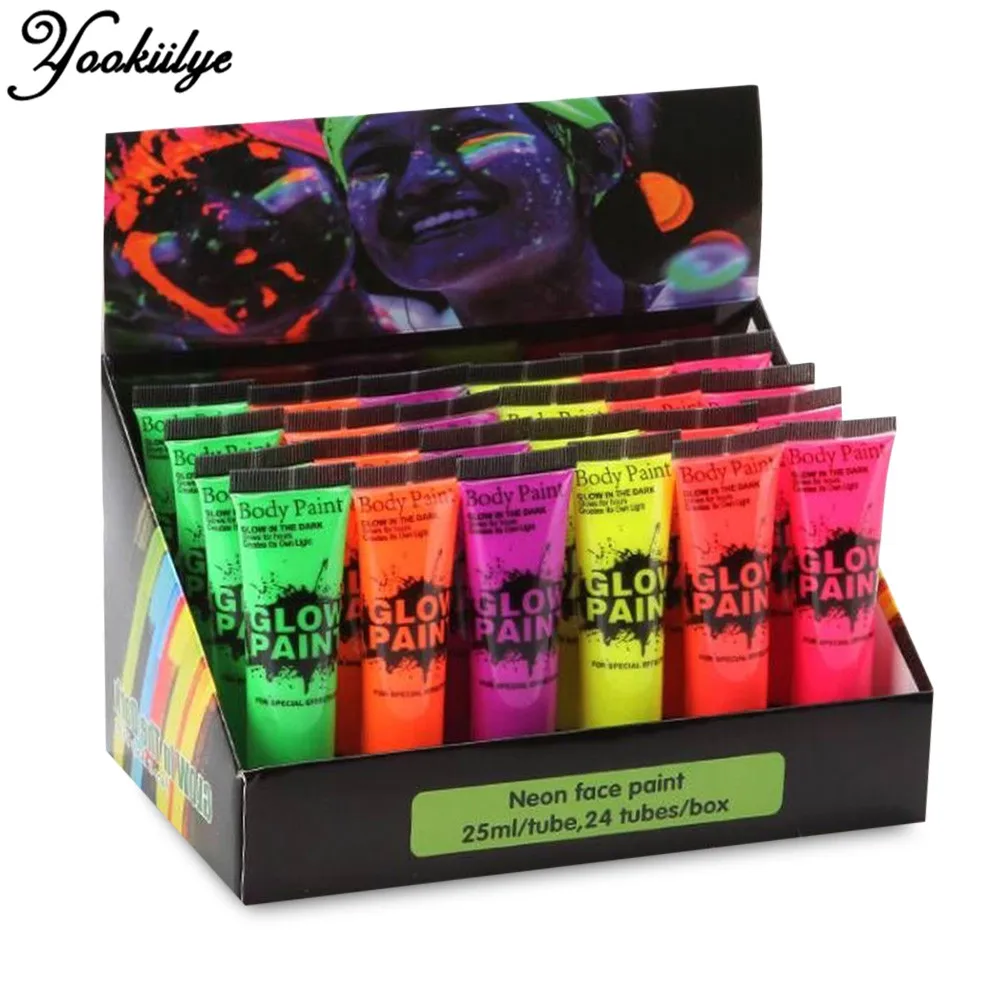 

6 цветов неоновые, Флуоресцентные УФ краска для тела 24 шт./компл. лицо краска ing светящийся акриловый краска s арт для вечерние вечеринки Хэлл...