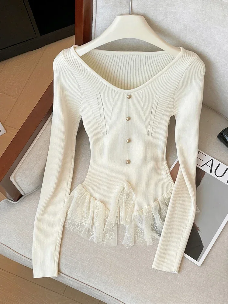 Осень-зима женские французские винтажные пуловеры свитер кружевной балетный