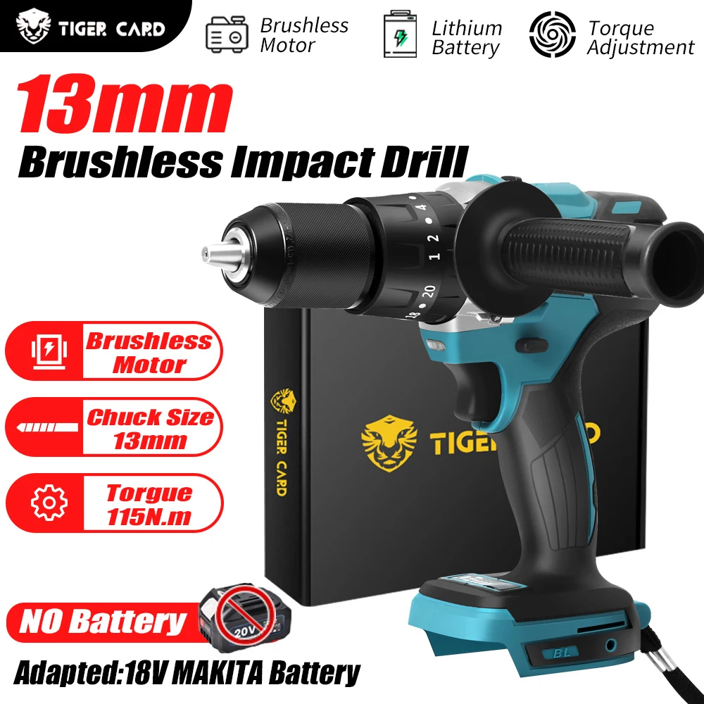 13mm Brushless Impact Drill 115N.M Cordless Screwdriver Drill For Makita 18V Battery For Home without Battery Power Tools
