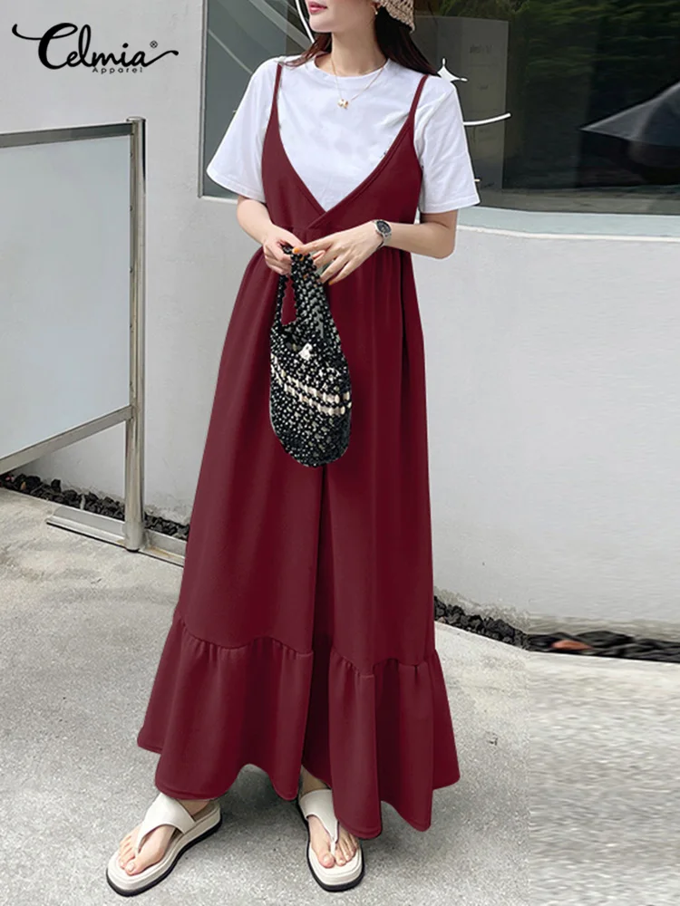 

Celmia Casual A Line Summer Dress Stitching Hem Deep V Neck Long Robe Fashion All-match Suspender Dress Women Strap Maxi Dresses