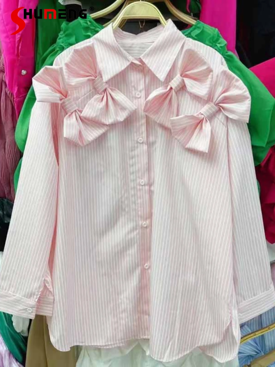 

Women Korean-Style Simple Elegant Striped Polo Collar Bow Shirt 2022 Early Autumn New Fashion Sweet Long Sleeve Chic Blouses Top